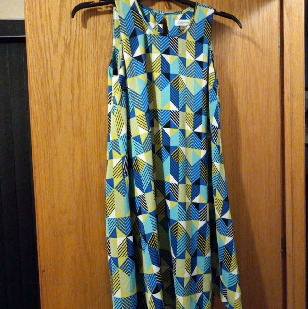 Womens Calvin Klein Sleeveless Green &Blue Flared Dress 87% Poly 13 Spandex Sz 8